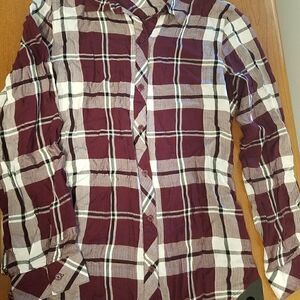 A & J Large burgundy plaid and floral button up collared shirt.